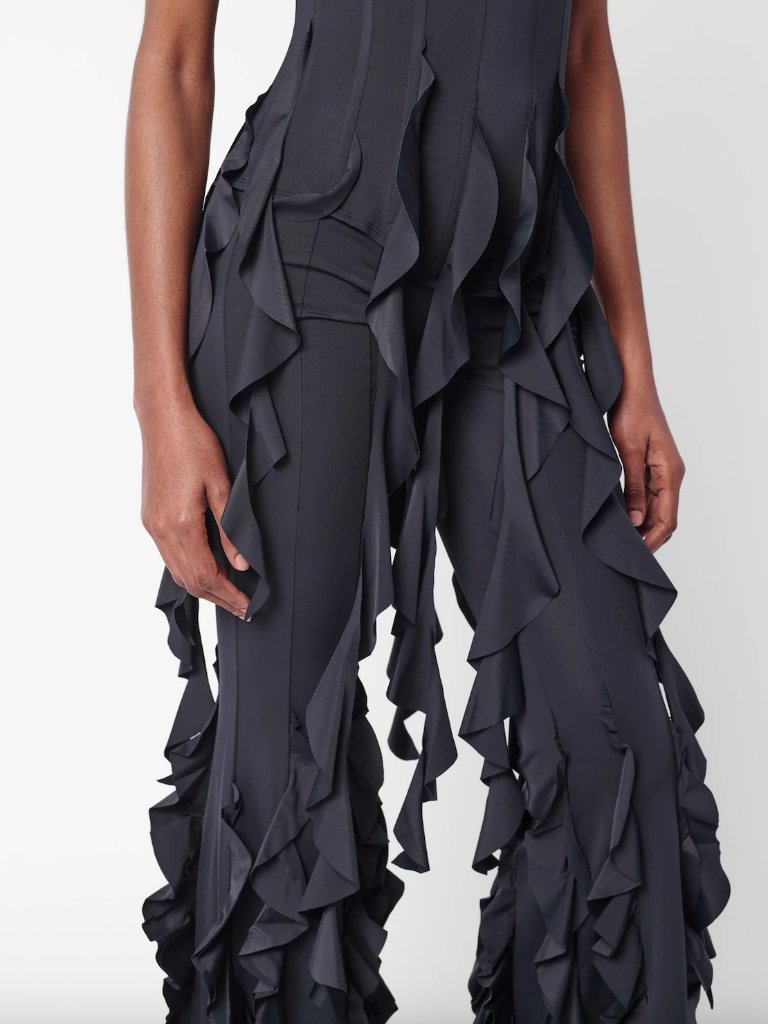 New Poster Girl Rhonda Ruffle Trouser In Black Lycra Flare Party Pants Small S — image 2 of 4